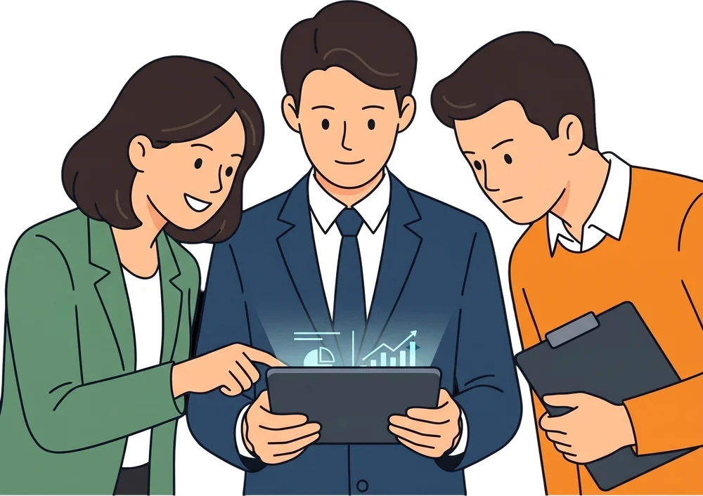Trois conseillers iCoral analysent des données sur une tablette