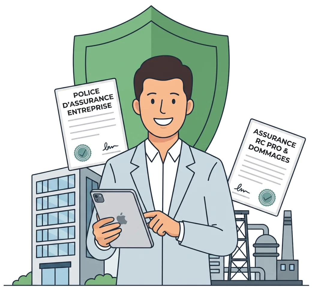 Un chef d’entreprise consulte ses garanties professionnelles devant ses locaux