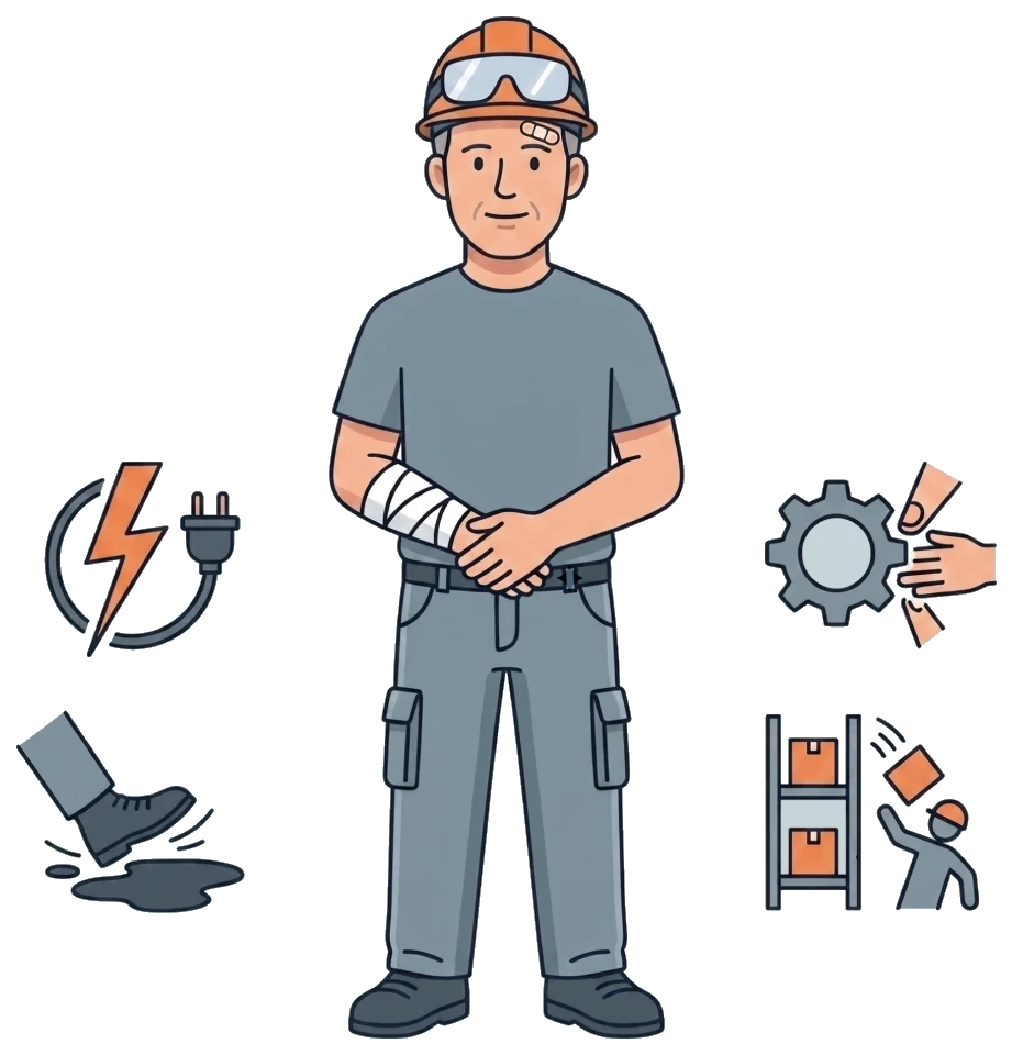Un ouvrier au bras bandé entouré des risques du travail : électricité, chute, machine, manutention